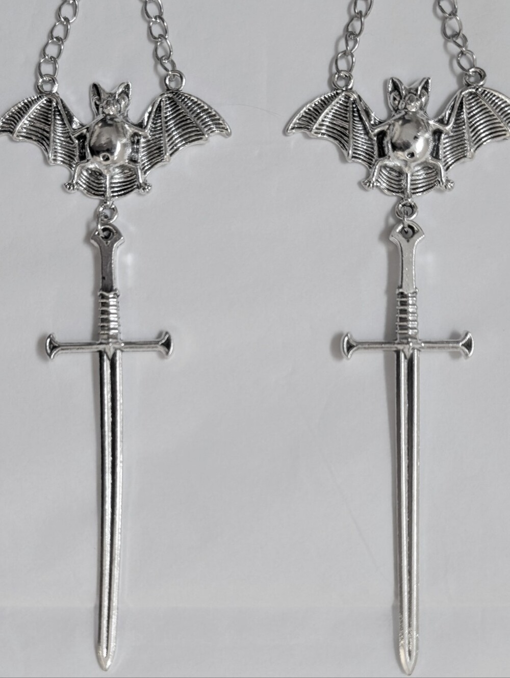 NWT Extra Long Handmade Silver Bat Chain and Sword Earrings - Picture 4 of 8